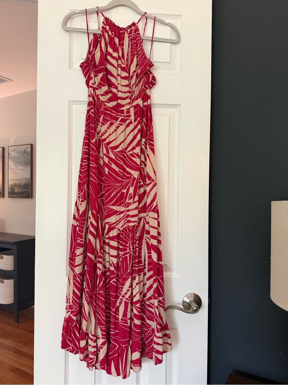 Roxy Dark Pink and Cream Tropical Print Halter Maxi Dress